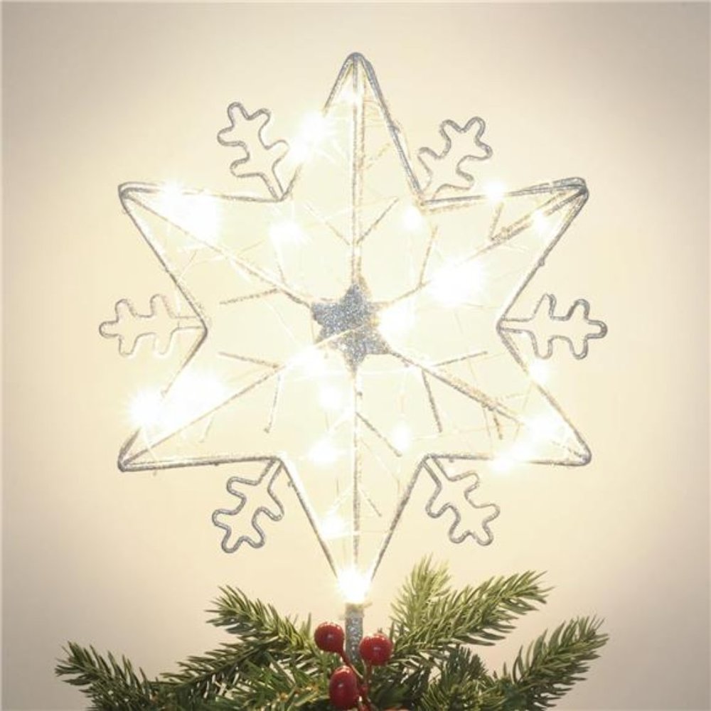 Christmas Tree Topper | 10 Inches Lighted Gold Snow Tree Topper, 20 LED Lights